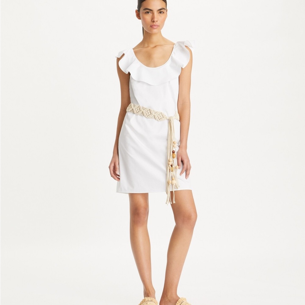 Tory Burch White Ruffle-Trim Sleeveless Mini Dress